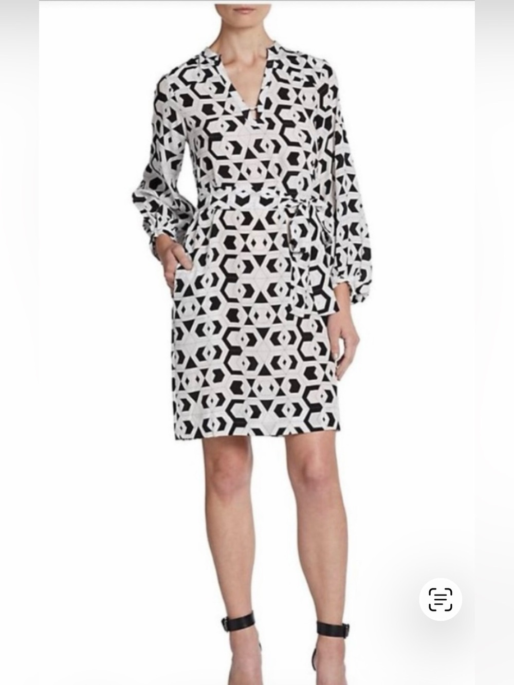 DVF Designer Silk Black & White Geometric Shirtdress